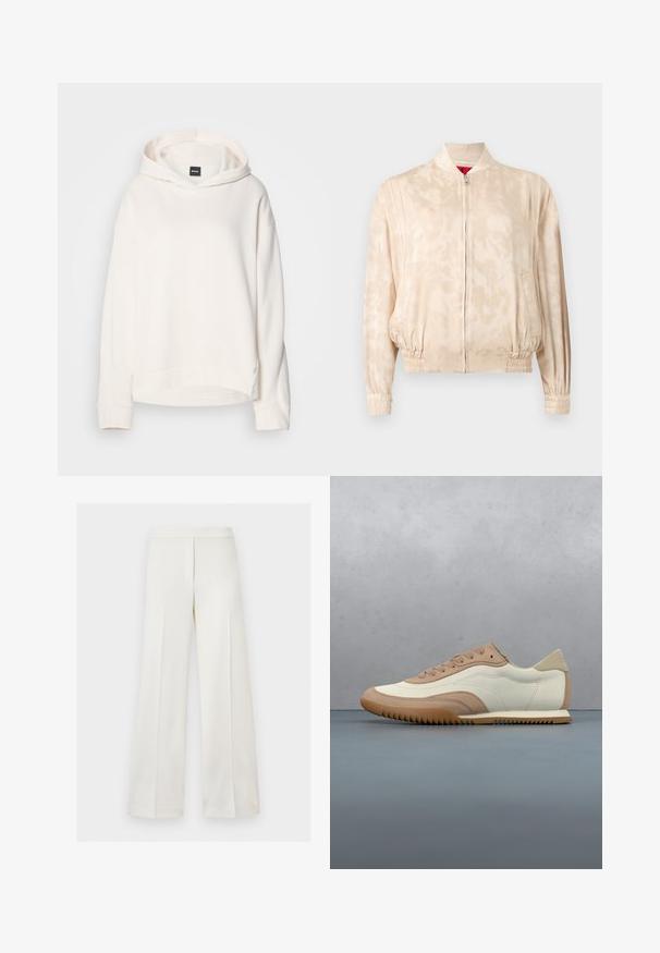 Veste bomber beige clair avec un motif tie-dye subtil, fermeture éclair, poignets et taille élastiques, présentée sur un fond uni.; Haut à capuche couleur crème en tissu doux, doté d'une capuche avec cordon de serrage, de poignets côtelés et d'un petit logo sur le devant. Conception à coupe décontractée.; Pantalon blanc taille haute à jambes larges avec fermeture éclair dissimulée à l'avant et design minimaliste sur fond uni.; Baskets crème et beige avec une tige texturée, des lacets et une semelle en caoutchouc, présentées au-dessus d'une surface en bois avec des cailloux.