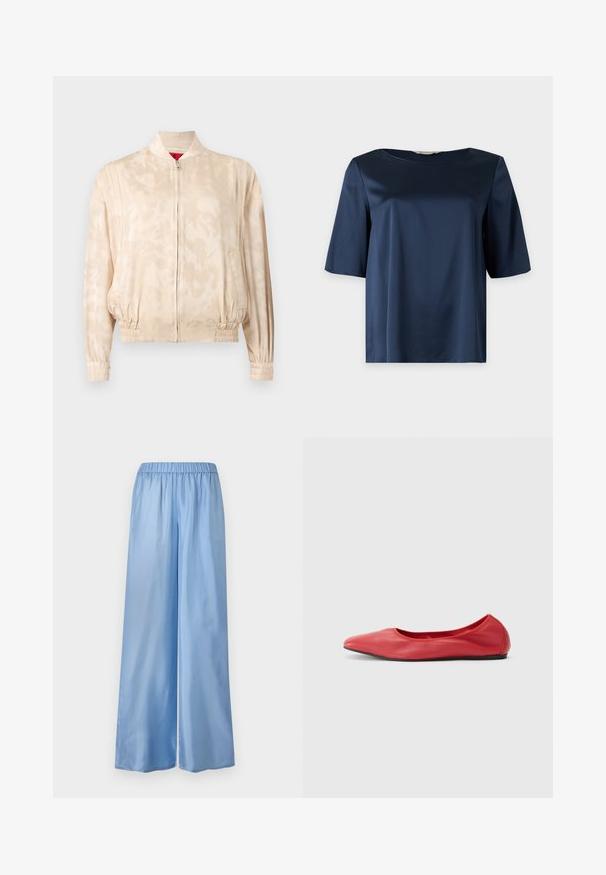 Veste bomber beige clair avec un motif tie-dye subtil, fermeture éclair, poignets et taille élastiques, présentée sur un fond uni.; Blouse courte en satin bleu marine avec un col rond et une coupe ample, présentée sur un fond uni.; Pantalon large en satin bleu clair avec taille élastique, doté d'une texture lisse et d'une coupe ample, adapté à un port décontracté.; Filippa K REY FLATS - Ballerines - bright red