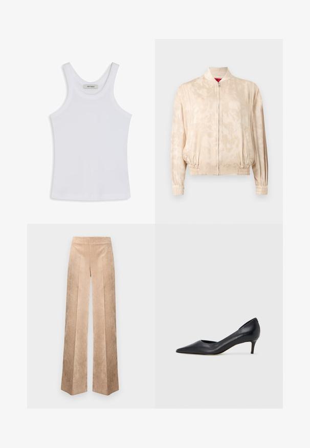 Chaqueta bomber beige claro con un sutil patrón tie-dye, cierre de cremallera, puños elásticos y cinturilla, mostrada sobre un fondo liso.; Top blanco sin mangas hecho de un tejido suave, con un escote redondo y tirantes anchos, con una etiqueta en el interior que dice "IVY OAK."; Pantalones de pana beige de pierna ancha con superficie texturizada, que presentan una cintura alta y un patrón de rayas verticales para mayor detalle.; Zapato de tacón bajo de cuero negro con punta puntiaguda. Presenta una textura lisa y un brillo sutil. Corte abierto en la parte frontal para un detalle adicional.