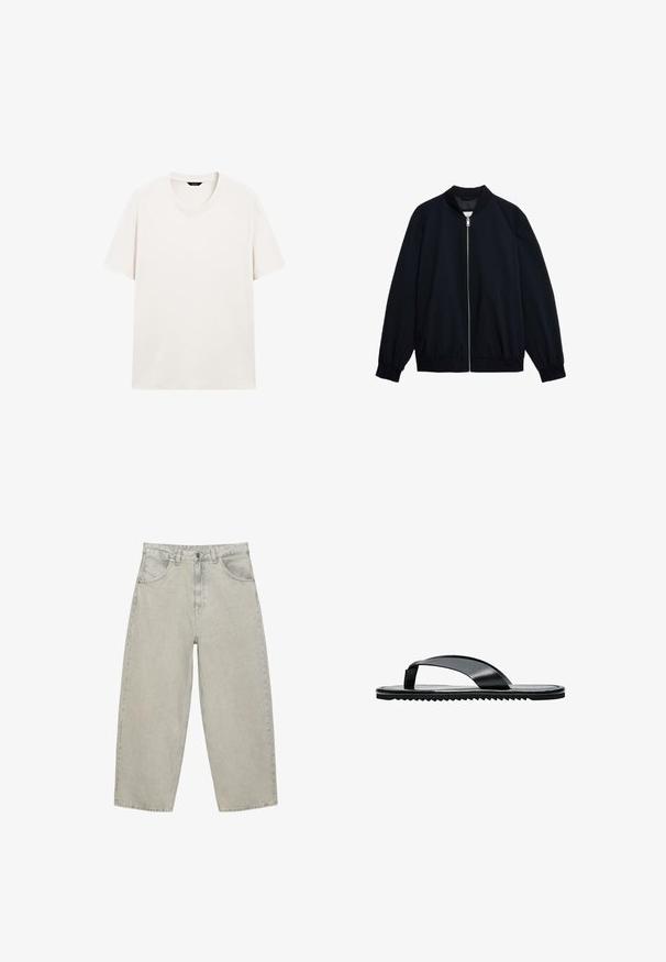 Marine bomberjack, lichtgewicht stof, ritssluiting aan de voorkant, ribgebreide kraag en manchetten, twee zijzakken, gladde textuur, elastische zoom.; Effen wit T-shirt met korte mouwen en ronde hals, plat weergegeven met goed zichtbare label bij de hals op een witte achtergrond.; Lichtgrijze denim jeans met brede pijpen, voorzakken, riemlussen en knoopsluiting, plat uitgespreid op een witte achtergrond.; Zwarte platte teenslipper met brede teenband en gestructureerde zool, zijaanzicht op een witte achtergrond.