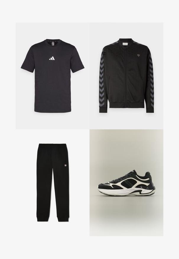 Sort sportjakke med lynlås med grå Chevron-striber ned langs ærmerne og lille logo på venstre bryst, forlommer, ribstrikkede manchetter og kant.; Sort bomulds t-shirt med korte ærmer, der har et hvidt Adidas-logo på brystet. Klassisk rund hals design.; Sorte træningsbukser med elastisk talje, ribbede ankler og et lille rødt og blåt logo på venstre lår. Blødt stof.; Sort-hvid lavtop-sneaker med chunky hvid sål og detaljeret panelopdelt design, vist fra siden på en lysegrå baggrund.