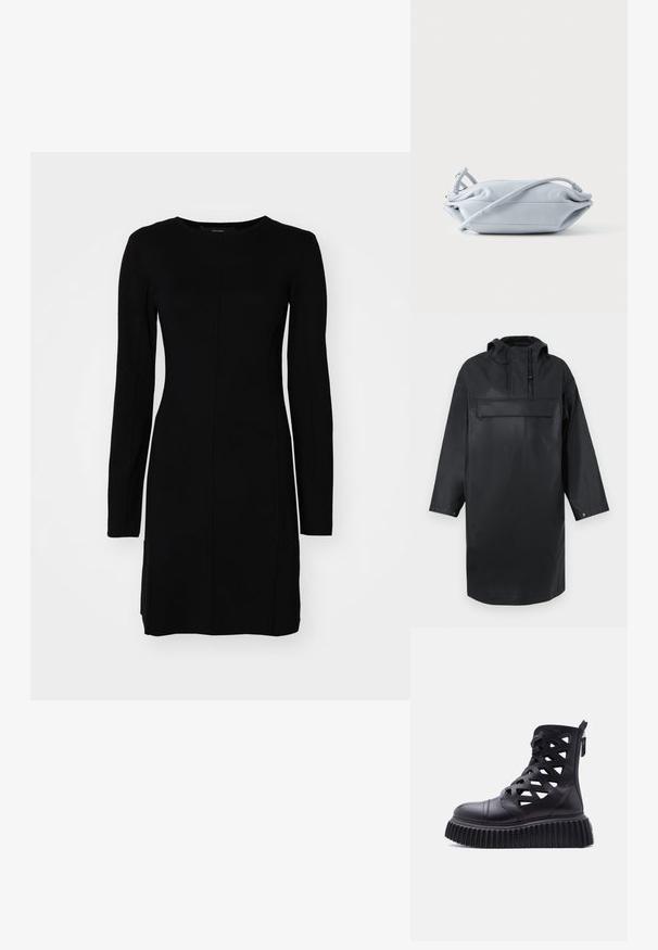 Musthave veekaitsega ülisuur must parka, millel on kõrge krae, reguleeritav kapuuts, esine nööpidega sulgemine ja suur rinnahoidja. Sile tekstuur.; Must have käsi ja pikkade varrukatega kleit, mis on valmistatud ribakangast. Omab vormitud siluetti, ümarat kaelust ja keskmist õmblust.; Mustad nahast platvormiga pahkluu saabas geomeetriliste lõigete, külje tõmbluku ja paksu soonilise tallaga valgel taustal.; Pehme sinise nahaga risti kehale kantav kott, millel on õhuke rihm ja kogutud detailid, lebamas valgel taustal.