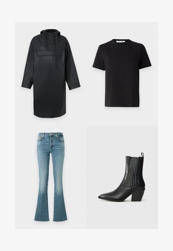 Sort vandtæt oversize parka med høj krave, justerbar hætte, frontlukkede knapper og en stor brystlomme. Glat tekstur.; Sort t-shirt med korte ærmer fremstillet af blødt bomuld, med rund halsudskæring, afslappet pasform og en glat overflade. Ingen synlige mønstre eller grafik.; Lys blå denim flarebukser med høj talje, med forlommer og et klassisk fem-lomme design, glat tekstur og blegnet finish.; Sort læder ankelstøvle med spids tå, ribbede sidepaneler og en kraftig hæl, placeret på en struktureret fliseoverflade.