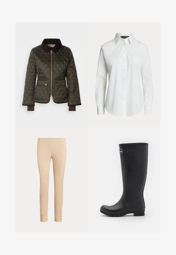 Veste matelassée vert foncé avec un col en velours côtelé marron, fermeture éclair à l'avant, deux poches et poignets côtelés. Accents en métal doré sur les poches.; Chemise blanche à manches longues, boutonnée, avec un col classique et des boutons visibles à l'avant, présentée sur un fond uni.; Pantalon beige slim fit longueur cheville avec une finition lisse, sans poches visibles ni ornements, sur un fond uni.; Botte de pluie noire en caoutchouc, design haut avec une finition mate lisse. Dispose d'une semelle épaisse avec des rainures et d'un accent logo sur le côté.
