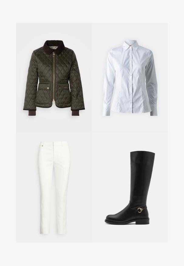 Dunkelgrüne gesteppte Jacke mit einem braunen Cordkragen, Reißverschluss vorne, zwei Taschen und gerippten Bündchen. Goldene Hardwareakzente an den Taschen.; Weißes Hemd mit langen Ärmeln, Punktkragen, taillierter Passform, glattem Baumwollstoff und Knopfverschluss vorne.; Weiße, maßgeschneiderte Hose mit schlankem Schnitt, verfügt über eine glatte Textur, Gürtelschlaufen und ein kleines goldenes Schmuckdetail. Keine Taschen sichtbar.; Anna Field Wide Fit by Zalando Stiefel - black