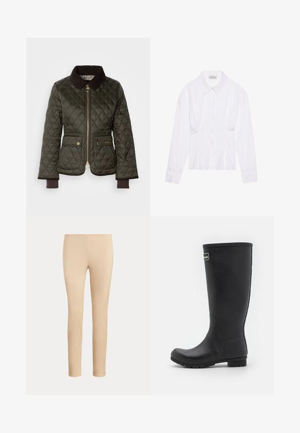 Dunkelgrüne gesteppte Jacke mit einem braunen Cordkragen, Reißverschluss vorne, zwei Taschen und gerippten Bündchen. Goldene Hardwareakzente an den Taschen.; Weiße Bluse mit langen Ärmeln, klassischem Kragen, vorderer Knopfleiste und gerafftem Seitendetail. Glattes Material mit taillierter Form.; Beige, figurbetonte, knöchellange Hose mit glatter Oberfläche und ohne sichtbare Taschen oder Verzierungen auf einfarbigem Hintergrund.; Schwarzer Gummiregenstiefel, hohes Design mit mattem Finish. Verfügt über eine dicke Sohle mit Rillen und einem Logo-Akzent an der Seite.