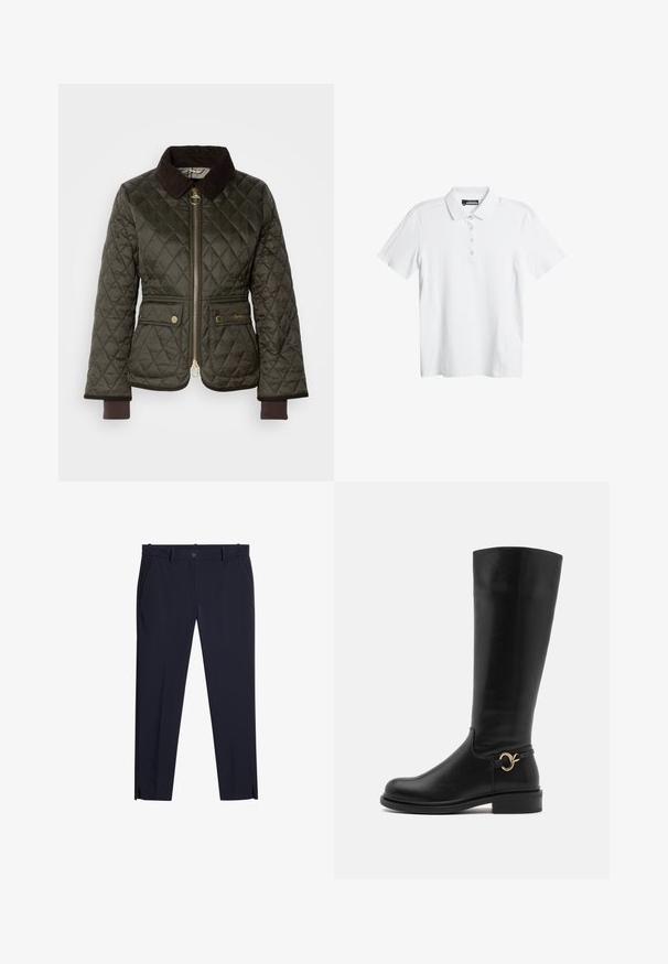 Donkergroen gewatteerd jack met een bruine corduroy kraag, voorritssluiting, twee zakken en geribbelde manchetten. Gouden hardware accenten op de zakken.; Witte polo met een subtiel golfpatroon, korte mouwen en een drieknoopsluiting. Gemaakt van een soepele, lichte stof.; Heren slim-fit broek in donkerblauw met riemlussen, voorzakken, gulp en kleine splitjes aan de voorkant van de pijpen bij de zoom.; Anna Field Wide Fit by Zalando Laarzen - black