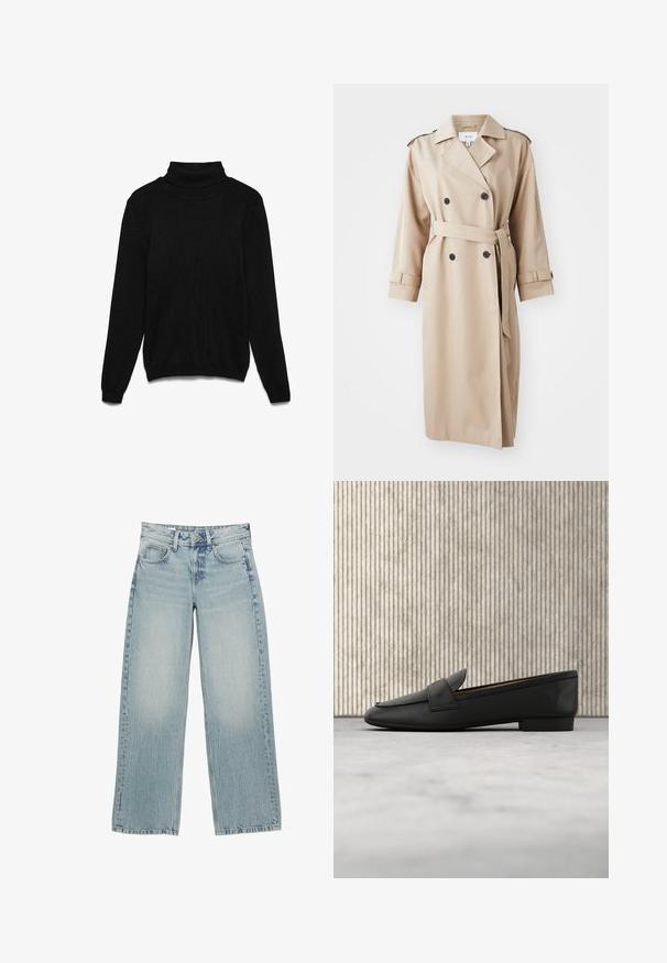 Beige trenchcoat med dobbeltbrystet front, sorte knapper, bælte ved taljen og skulderepauleter; lavet af glat stof med en afslappet pasform.; Sort rullekrave-trøje lavet af strikket stof. Har lange ærmer, ribbet krave og en afslappet pasform. Ingen synlige mønstre eller detaljer.; Lysblå denim bredbukser med høj talje, der har fem lommer, knaplukning og subtile falmninger for en slidt effekt.; Sorte læder loafers med et guld accent, afrundet tå og en glat overflade, hængende over en reflekterende overflade med metalliske hylder.