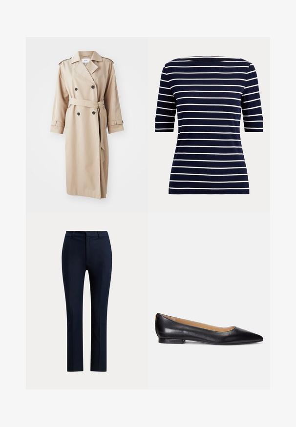 Gabardina beige con frente de doble botonadura, botones negros, cinturón en la cintura y epaulettes en los hombros; hecha de una tela suave con un corte relajado.; Camisa azul marino con rayas horizontales blancas y mangas hasta el codo, mostrada sobre un fondo claro y sencillo.; Pantalones rectos a medida de color azul marino oscuro con trabillas para cinturón y cierre delantero con cremallera sobre fondo blanco.; Bailarinas de cuero negro con punta afilada, tacón bajo y un acento dorado en el tacón. Textura suave con una silueta clásica.