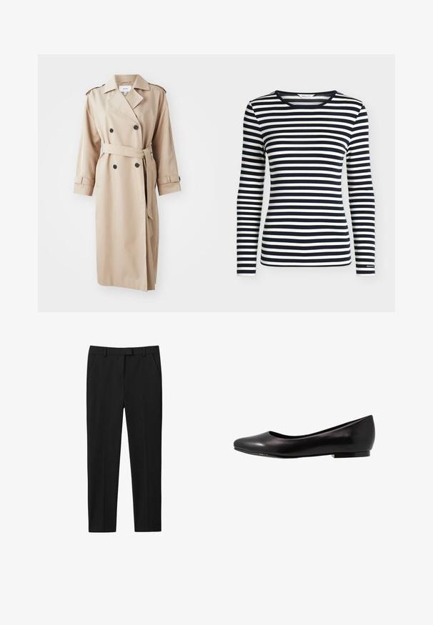 Beige trenchcoat med dobbeltbrystet front, sorte knapper, bælte ved taljen og skulderepauleter; lavet af glat stof med en afslappet pasform.; Langærmet skjorte med navy og hvide horisontale striber og rund halsudskæring, mærket GANT på ærmekanten.; Sorte bukser med skræddersyet design, flad front, to sidelommer og lige benudskæring. Fremstillet af glat stof med en subtil glans.; Sort ballette sko lavet af glat læder med rund tå og lav, flad sål. Har en glat overflade med et enkelt og strømlinet design.