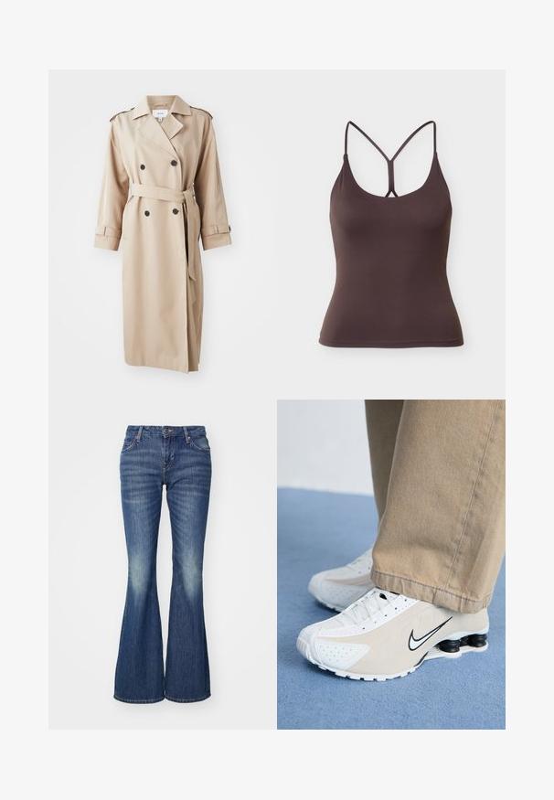 Gabardina beige con frente de doble botonadura, botones negros, cinturón en la cintura y epaulettes en los hombros; hecha de una tela suave con un corte relajado.; Top tipo tank ajustado de color marrón oscuro con finas tiras dobles en los hombros que forman una forma de Y en la parte trasera, dobladillo sin costuras.; Jeans acampanados de mezclilla en un tono azul con efecto de lavado claro, que cuentan con bolsillos clásicos y un cierre de botón único.; Zapatillas Nike blancas y beige con diseño perforado, logo de swoosh negro, parte superior texturizada y distintivo talón negro elástico.