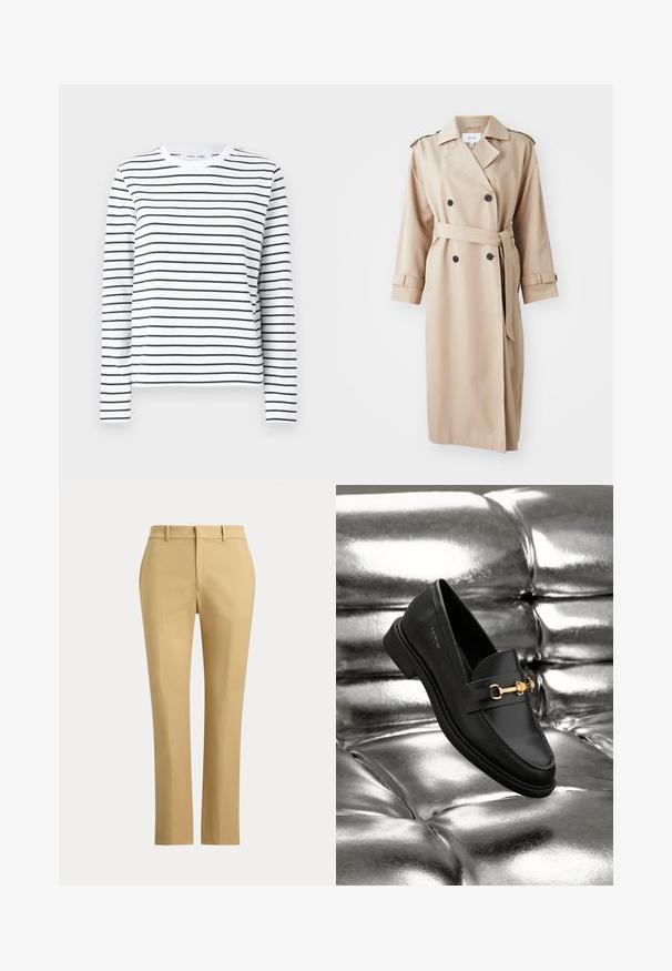 Beige trenchcoat med dobbeltbrystet front, sorte knapper, bælte ved taljen og skulderepauleter; lavet af glat stof med en afslappet pasform.; Langærmet skjorte i hvid bomuld med sorte horisontale striber. Har en rund halsudskæring og en afslappet pasform. Ingen bemærkelsesværdige accenter eller mønstre.; Beige bukser med lige ben, bæltestropper, foran lynlås og skræddersyede folder på en ensfarvet lys baggrund.; Sorte læder loafers med en guldfarvet hardware detalje. Skoen har et elegant design og en glat, skinnende overflade.