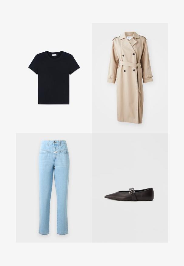 Beige trenchcoat med dobbeltbrystet front, sorte knapper, bælte ved taljen og skulderepauleter; lavet af glat stof med en afslappet pasform.; En simpel sort T-shirt med korte ærmer og rund hals, lagt fladt på en hvid baggrund.; Højtaljede lyseblå denimjeans med frontlommer, knap- og lynlåslukning samt lige ben.; Sko med spids tå i sort læder, flad hæl, med en smal rem og en metal spænde på siden. Glat tekstur med et minimalistisk design.