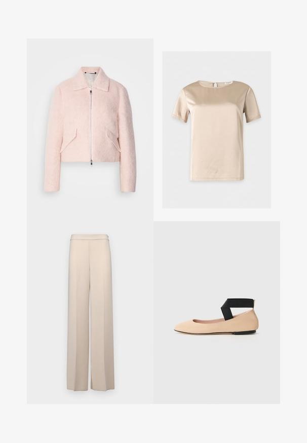 Veste courte rose pâle en mélange de laine douce, avec fermeture éclair à l'avant, col et deux poches latérales inclinées. Texture lisse et design minimaliste.; Blouse beige en satin à manches courtes, col rond et petite fermeture par bouton œillet au dos.; Pantalons larges beiges en tissu lisse, dotés d'une taille haute et de plis avant discrets. Pas de poches ni de détails en matériel visibles.; Ballerines en cuir beige avec un bout pointu et une sangle noire autour de la cheville, présentant une texture lisse et un design minimaliste.