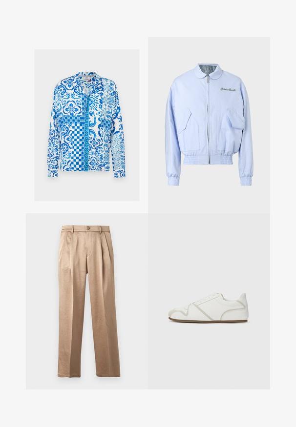 Veste bomber zippée bleu clair avec poignets et ourlet élastiques, poches à rabat à l'avant, et texte brodé sur la poitrine.; Chemise blanche à manches longues boutonnée avec des motifs floraux, géométriques et abstraits bleus et le texte "Carlo Colucci" sur la patte de boutonnage.; Pantalon beige à coupe décontractée avec plis, fermeture par bouton et passants pour ceinture. Confectionné en tissu léger, avec une texture lisse et des jambes droites.; Baskets blanches avec une tige en tissu lisse, des accents beige, un bout arrondi et une semelle en caoutchouc. Présente un design à lacets et des coutures sur les côtés.