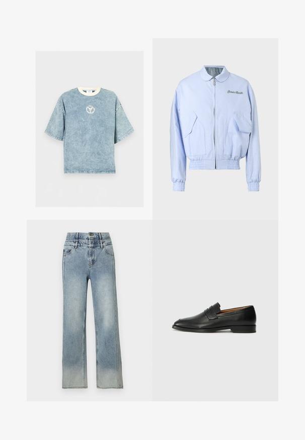 Veste bomber zippée bleu clair avec poignets et ourlet élastiques, poches à rabat à l'avant, et texte brodé sur la poitrine.; T-shirt oversize bleu délavé à manches courtes avec une encolure ronde blanche et un petit logo circulaire délavé sur la poitrine.; Jean bleu clair taille haute à jambes droites avec poches avant, fermeture par bouton et zones subtilement délavées sur les cuisses et les jambes.; Mocassin en cuir noir avec un bout arrondi, des coutures subtiles et un talon bas, présentant une texture lisse et un design minimaliste.