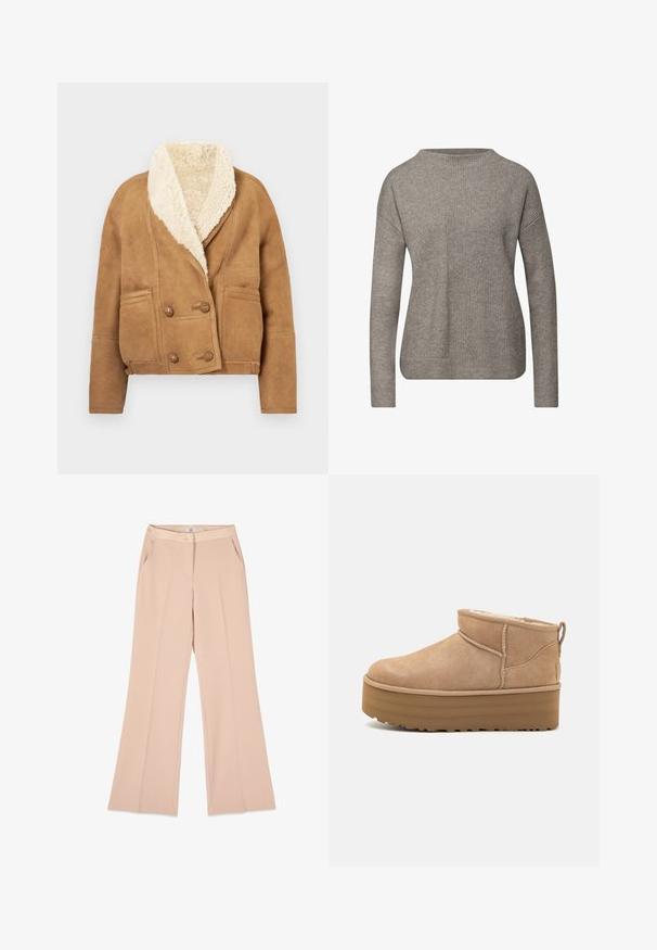Brun ruskindsjakke med en stor krèmefarvet faux shearling krave, dobbeltknaplukning og to forlommer.; Grå striktrøje med lange ærmer med ribbet kant ved ærmer, bund og blandede strikmønstre på front og ærmer.; Beige bukser med vide ben, forlommer, detaljer med søm foran og en talje med skjult lukning.; Beige ruskinds ankelstøvler med et blødt indre, der har en platformssål og en strop bagpå for nem påtagning. Tekstureret gummisål.
