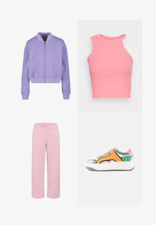 Lilla bumbleriiet valgest pehmest kangast, millel on ees lukk, ribikrae ja mansetid. Lühendatud disain ja mugav lõige.; Roosa ribaga ilma varrukateta crop top kõrge kaelusega; sellel on sobiv kuju ja puhtad servad. Pehme tekstuur, minimaalsed nähtavad õmblused.; Kerged roosad dressipüksid, mis on valmistatud pehmest kangast, laia jala disainiga, elastse vöökoha ja sidumispaelaga ning mansettidega äärtega.; Jäme spordijalats valge tallaga, oranži ja roosa aktsentide, halli madu-mustriga ja rohelise tekstuuriga külgpaneeliga.