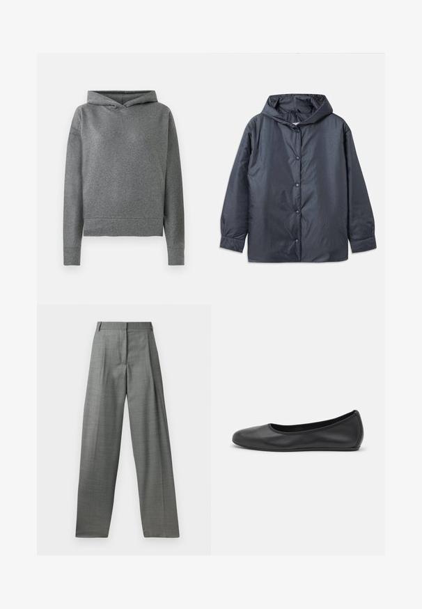Donkergrijze lichtgewicht jack met capuchon, drukknoopsluiting en elastische manchetten. Soepele, matte afwerking met een relaxte pasvorm.; Grijze hoodie gemaakt van een zachte, gestructureerde stof. Beschikt over een capuchon met trekkoord, lange mouwen en een iets verkorte, losse pasvorm.; Grijze op maat gemaakte broek met hoge taille, geplooide voorkant en wijde pijpen. Gemaakt van een geweven stof, met riemlussen en gladde naden.; Zwarte leren ballerina met een ronde neus, gladde textuur, minimale stikdetails en een flexibele zoolontwerp.