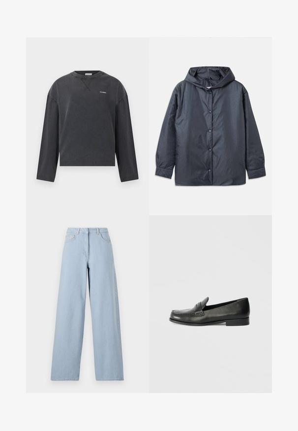 Chaqueta ligera gris oscuro con capucha, botones a presión y puños elásticos. Acabado liso y mate con un ajuste holgado.; CLOSED CREWNECK LONGSLEEVE - Camiseta de manga larga - black; REMAIN COCOON PANTS - Pernera ancha - light blue; Mocasines de cuero negro con puntera redondeada, detalles de costuras elevadas y un tacón bajo apilado. Textura suave con un brillo sutil.