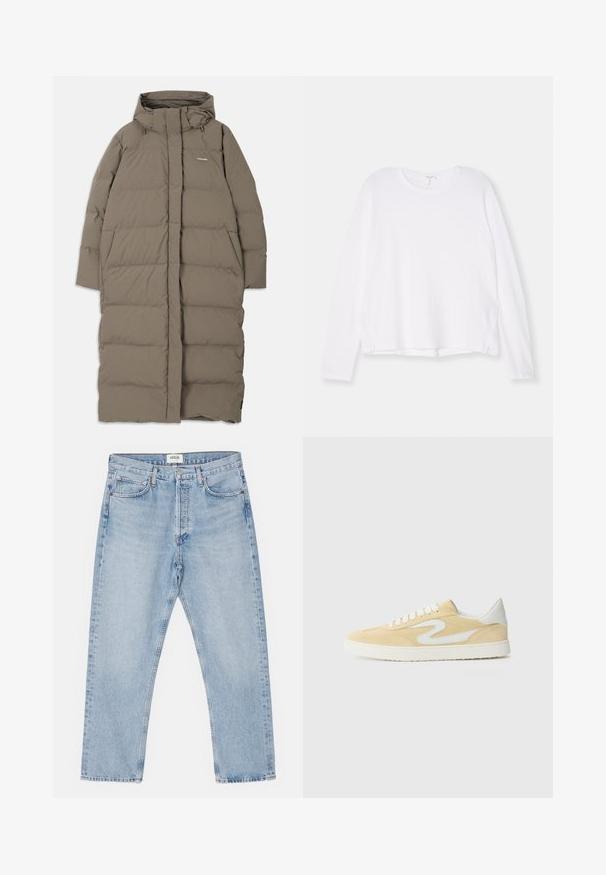 Langer, gepolsterter Mantel in einem gedämpften Braunton, mit Kapuze, frontalem Reißverschluss und zwei seitlichen Taschen. Glatte Textur mit einem minimalistischen Design.; Weißes Langarmshirt aus weichem Stoff, mit Rundhalsausschnitt, lockerer Passform und seitlichen Schlitzen am Saum für mehr Bewegungsfreiheit.; Helles blaues Denim mit klassischem geradem Schnitt, fünf Taschen und Knopfverschluss, mit subtilen Verfärbungen und robuster Textur.; Stuart Weitzman RUNAROUND - Sneaker low - cream/white