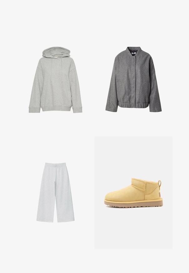 Grau melierter Wollmischjacke mit Stehkragen, vorderem Knopfverschluss, seitlichen Taschen und einer leicht verkürzten, kastigen Form für einen modernen Sitz.; Graue Kapuzenjacke mit einem lockeren Schnitt, ausgestattet mit langen Ärmeln, Kordelzug und gerippten Bündchen. Hergestellt aus weichem, strukturiertem Stoff.; Helle graue weit geschnittene Hose aus weichem Stoff mit elastischem Bund. Das Design bietet eine lockere Passform für Komfort und Bewegungsfreiheit.; Kurzer beiger Wildleder-Stiefelette mit flacher Gummisohle, sichtbarer Naht und Lasche hinten vor schlichtem Hintergrund.