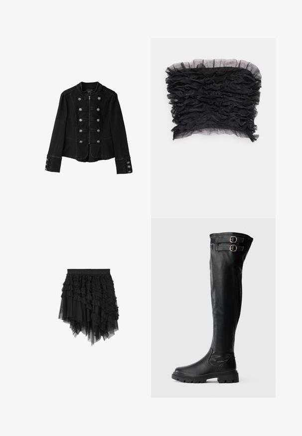 Veste noire de style militaire avec boutons argentés sur le devant et aux poignets, col montant et fermeture éclair au centre.; Sister Jane CHA CHA RUFFLE BANDEAU - Débardeur - black; Jupe noire asymétrique en tulle à couches multiples avec plusieurs volants superposés et une taille élastique ornée d'un texte de marque en relief.; Bottes noires montantes au-dessus du genou en cuir lisse. Elles présentent deux boucles métalliques, une semelle en caoutchouc épaisse et un design élégant.