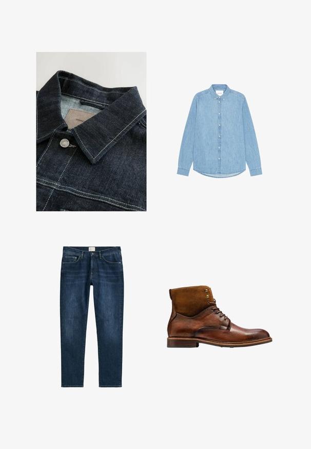 Denim jack met een donkerblauwe kleur, een puntige kraag, zilveren metalen knoop en contrasterende stiksels op het voorpaneel. Getextureerde stof.; Lichtblauw denim overhemd met knopen, lange mouwen, een puntige kraag en een afgeronde zoom. Voorzien van een knoopsluiting aan de voorkant en een klein logo detail.; Donkerblauwe denim jeans met een rechte pijp, vijf zakken, riemlussen en subtiele vervaging. De stof heeft een gladde textuur.; Kazar ALID - Veterboots - brown