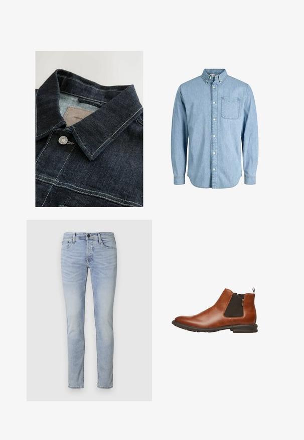 Veste en denim de couleur bleu foncé, avec un col pointu, un bouton en métal argenté et des coutures contrastées sur le panneau avant. Tissu texturé.; Chemise en denim bleu clair à boutons, manches longues, col, poche avant et texture subtile. Présente des boutons blancs le long de la patte de boutonnage.; Jean en denim bleu clair avec une coupe slim, design à cinq poches et fermeture éclair. Présente un léger délavage et des détails brodés le long des coutures.; Botte Chelsea en cuir marron avec panneau latéral élastique noir, languette de traction au talon et semelle en caoutchouc foncé sur fond blanc.