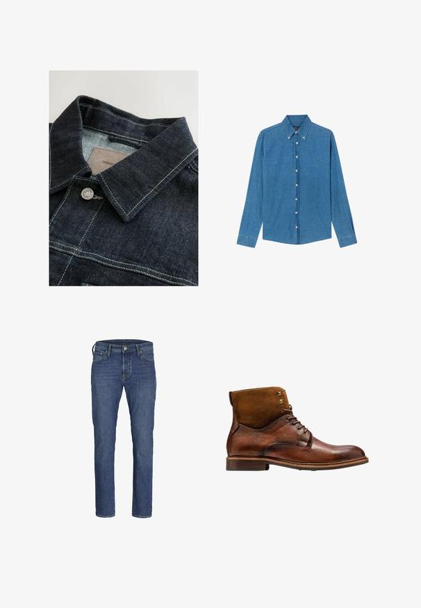 Jeansjacke in Dunkelblau mit spitzem Kragen, silberner Metallknopf und Kontrastnähten auf der Vorderseite. Strukturierter Stoff.; Blaue Denim-Hemd mit Button-down-Kragen, langen Ärmeln und Knöpfen vorne. Der Stoff hat eine strukturierte Oberfläche und einen klassischen Schnitt.; Herren Jeans aus blauem Denim mit geradem Bein, fünf Taschen und klassischem Knopf- und Reißverschluss.; Kazar ALID - Schnürstiefelette - brown
