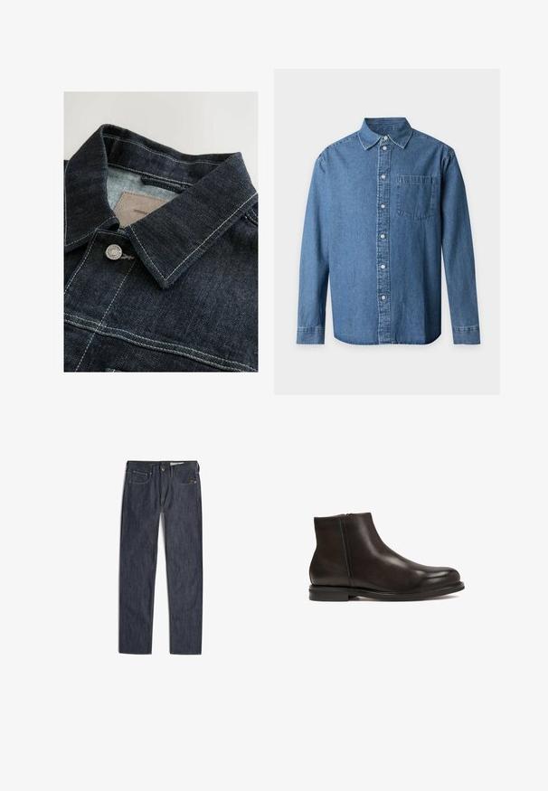 Jeansjacke in Dunkelblau mit spitzem Kragen, silberner Metallknopf und Kontrastnähten auf der Vorderseite. Strukturierter Stoff.; Langärmliges blaues Jeanshemd mit Knöpfen, Kragen und einer Brusttasche auf einfachem hellem Hintergrund.; Dunkelblaue Denim-Jeans mit Fronttaschen, Gürtelschlaufen, Knopf- und Reißverschluss sowie orangefarbenen Kontrastnähten.; Schwarze Leder-Ankle-Boots mit glatter Textur, runder Zehenform und niedrigem Absatz. Verfügt über einen seitlichen Reißverschluss für einfaches An- und Ausziehen.