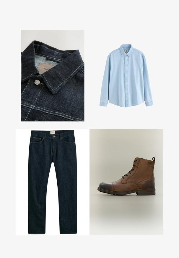 Denim jack met een donkerblauwe kleur, een puntige kraag, zilveren metalen knoop en contrasterende stiksels op het voorpaneel. Getextureerde stof.; Lichtblauw denim overhemd met lange mouwen, knopen en kraag, medium maat, weergegeven tegen een witte achtergrond.; Donkerblauwe denim jeans met een recht model, vijf zakken en contrasterende stiksels op de naden. Gladde stofstructuur.; Bruine leren enkellaars met veters, zwarte neuskap, ronde zool en merkdetail aan de zijkant tegen een effen achtergrond.