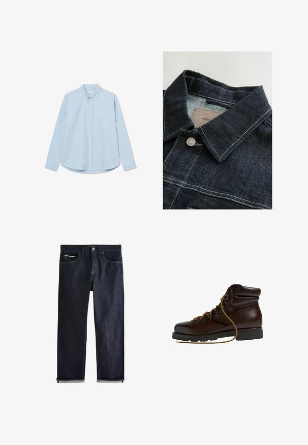 Jeansjacke in Dunkelblau mit spitzem Kragen, silberner Metallknopf und Kontrastnähten auf der Vorderseite. Strukturierter Stoff.; Himmelblaues langärmliges Button-up-Hemd mit spitzem Kragen, einem einzelnen Brustlogo und abgerundetem Saum. Hergestellt aus glattem Gewebe mit schlichter Textur.; Dunkelblaue Jeans aus Denim mit umgeschlagenen Bündchen, Knopf- und Reißverschluss, Vorder- und Münztaschen und kontrastierenden Nähten vor weißem Hintergrund.; Brauner Leder-Wanderschuh mit abgerundetem Zeh, strukturierten Oberflächen, gelben Schnürsenkeln und Metallösen. Enthält eine robuste schwarze Gummisohle.