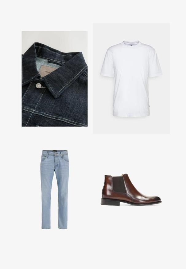 Jeansjacke in Dunkelblau mit spitzem Kragen, silberner Metallknopf und Kontrastnähten auf der Vorderseite. Strukturierter Stoff.; Weißes Baumwoll-T-Shirt mit Rundhalsausschnitt, kurzen Ärmeln und geradem Saum. Auf der linken Seitennaht befindet sich ein kleines Markenzeichen.; Helle blaue Denim-Jeans mit schlankem Schnitt, Fünf-Taschen-Design, subtiler verblasster Textur und Metallbeschlägen am Reißverschluss und der Knopfleiste.; Braune Leder-Stiefelette mit elastischen Seiteneinsätzen, glatter Oberfläche, genähten Details und einem niedrigen rechteckigen Absatz.