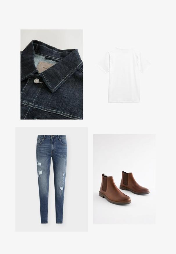 Denim jack met een donkerblauwe kleur, een puntige kraag, zilveren metalen knoop en contrasterende stiksels op het voorpaneel. Getextureerde stof.; Witte katoenen t-shirt met korte mouwen en een ronde hals. De stof lijkt glad zonder patronen of zichtbare hardware.; Skinny-fit blauwe spijkerbroek met versleten details, meerdere scheuren en een vervaagde wassing. Voorzien van een ontwerp met vijf zakken en riemlussen.; Bruine leren enkellaarsjes met elastische zijpanelen, een afgeronde neus en een gestapelde hak. Gladde textuur met contrasterende bruine accenten.