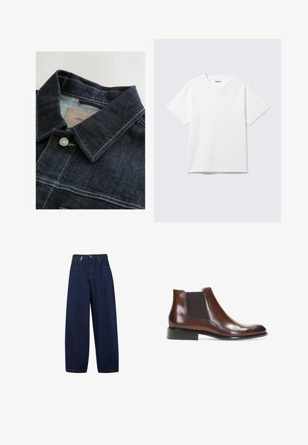 Denim jack met een donkerblauwe kleur, een puntige kraag, zilveren metalen knoop en contrasterende stiksels op het voorpaneel. Getextureerde stof.; Witte T-shirt met korte mouwen en ronde hals, plat gelegd, effen ontwerp, met een "WEEKDAY" label in de kraag op een lichte achtergrond.; Losse, donkerblauwe denim jeans met een hoge taille, frontzakken en een recht model. Inclusief zilverkleurige hardware en minimale stiksels.; Bruine leren enkellaars met elastische zijkanten, een gladde afwerking, gestikte details en een lage rechthoekige hak.