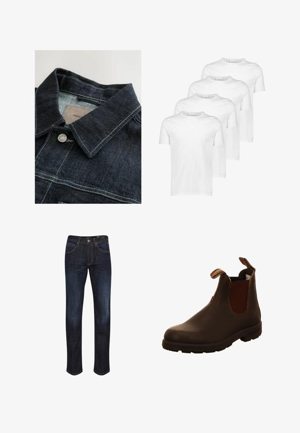 Denim jack met een donkerblauwe kleur, een puntige kraag, zilveren metalen knoop en contrasterende stiksels op het voorpaneel. Getextureerde stof.; Witte katoenen T-shirts, korte mouwen, ronde halslijn, gladde textuur, vier stuks gestapeld met een consistent ontwerp en zonder patronen of accenten.; Donkerblauwe spijkerbroeken met een recht model, vijf zakken, gouden stiksels en een gladde textuur. JButtonsluiting in de taille.; Bruine leren enkellaars met elastische zijkanten, trekhaakjes en een gestructureerde rubberen zool. Gladde afwerking met contrasterende stikseldetails.