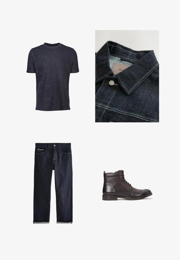 Jeansjacke in Dunkelblau mit spitzem Kragen, silberner Metallknopf und Kontrastnähten auf der Vorderseite. Strukturierter Stoff.; Dunkelblaues T-Shirt mit kurzen Ärmeln aus weichem Stoff. Mit Rundhalsausschnitt und glatter Textur, mit minimaler Ausstattung.; Dunkelblaue Jeans aus Denim mit umgeschlagenen Bündchen, Knopf- und Reißverschluss, Vorder- und Münztaschen und kontrastierenden Nähten vor weißem Hintergrund.; Dunkelbraune Leder-Stiefelette mit Wingtipp-Design, runder Zehenpartie, subtilen Broguedetails, Metallösen und flachem Absatz. Mit Zuglasche.