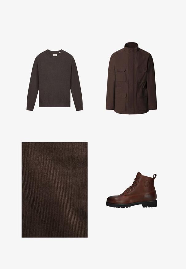 Veste marron en tissu texturé, dotée d'un col montant, d'une fermeture éclair frontale et de quatre poches plaquées. Design simple à coupe droite.; Échec de la génération de texte alternatif; Tissu en velours côtelé marron présentant des côtes verticales, une texture douce et une couleur profonde et riche, adapté pour le rembourrage ou les vêtements.; Bottine en cuir marron avec une surface texturée, six œillets, une semelle en caoutchouc noire et une boucle pour un enfilage facile.