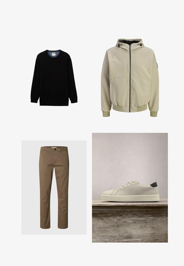 Beige Kapuzenjacke mit Reißverschluss, verstellbaren Kordeln, gerippten Bündchen und Saum sowie Fronttaschen.; Schwarzer Pullover mit langen Ärmeln aus geripptem Material und rundem Ausschnitt. Verfügt über ein dezentes Logo auf der Brust und einen kontrastierenden inneren Kragen.; Klassische gerade geschnittene braune Herrenhose mit Gürtelschlaufen, Knopfverschluss und Vordertaschen auf schlichtem hellem Hintergrund.; Weißer Sneaker mit strukturierter Sohle und schwarzem Absatzdetail, schwebend über einer Holzbank mit hohem grünem Gras im Hintergrund.