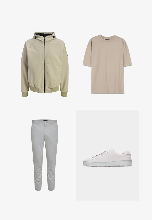 Beežikollane kapuutsiga lukuga jakk, millel on reguleeritavad nöörid, soonikkoes varrukate servad ja allääre ning esimesed taskud.; Pegador LOGO OVERSIZED TEE - Lihtne T-särk - vintage beige; Heledhallased õhukesed püksid, millel on sile tekstuur, nuppude sulgemine, vöökohavööd ja ees olevad taskud. Lühendatud pahkluu pikkuse disain.; Madala valge nahast toss valgete paelte, lameda tekstuurse kummipõhja ja minimaalse õmblusega, nähtavust välimise küljega valgel taustal.