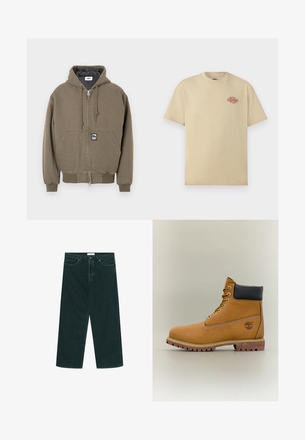 Gewatteerd jack in olijfgroen katoen met ritssluiting, voorzien van een kangoeroezak en een klein merkembleem aan de voorkant.; Beige T-shirt met korte mouwen en ronde hals, met een klein rood "Dickies" logo op de linkerborst.; Donkergroene spijkerbroek met wijdere pijpen, voorzien van een knoop- en ritsclosure, voorzakken en riemlussen, plat gelegd op een witte achtergrond.; Bruine leren enkellaars met zwarte kraag, gele veters en een zandkleurige zool. Voorzien van een logo en witte stikseldetails. Robuuste loopzool met grip.
