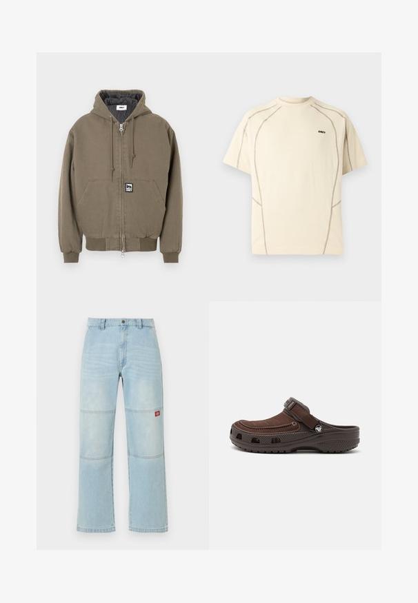 Veste à capuche en coton vert olive avec fermeture éclair, équipée d'une poche kangourou et d'un petit écusson de logo de la marque sur le devant.; T-shirt beige à manches courtes avec surpiqûres contrastantes foncées et petit logo "OBEY" sur la poitrine gauche sur fond clair.; Jean en denim bleu clair à jambes larges avec des détails aux panneaux des genoux et un petit patch logo rectangulaire rouge sur la cuisse droite.; Sabot en cuir marron avec un dessus à texture douce, sangle ajustable et design perforé pour la ventilation. Semelle épaisse en caoutchouc pour l'adhérence.