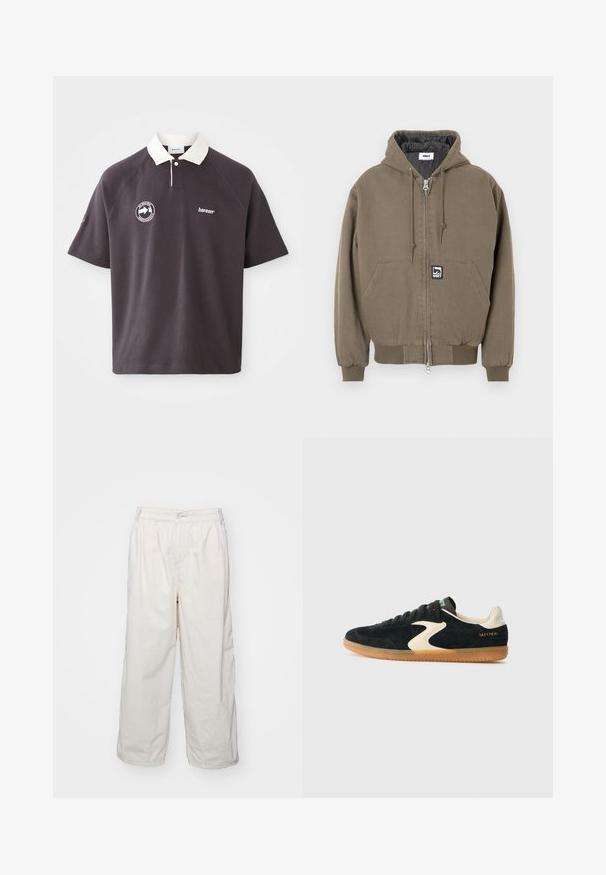 Chaqueta con capucha en algodón verde oliva con cierre de cremallera, que incluye un bolsillo canguro y un pequeño parche con el logo de la marca en la parte delantera.; Polo de color gris oscuro con cuello blanco, logo bordado en el pecho y mangas raglán cortas. Fabricado en material suave.; Pantalones de algodón blancos de pernera ancha con cinturilla elástica, con cierre de botón en la parte delantera y bolsillos laterales. Textura suave y diseño minimalista.; Zapatillas de ante negro con un acento crema y suela de goma. Presentan cordones planos, punta redondeada y "SKECHERS" impreso en dorado en el talón.