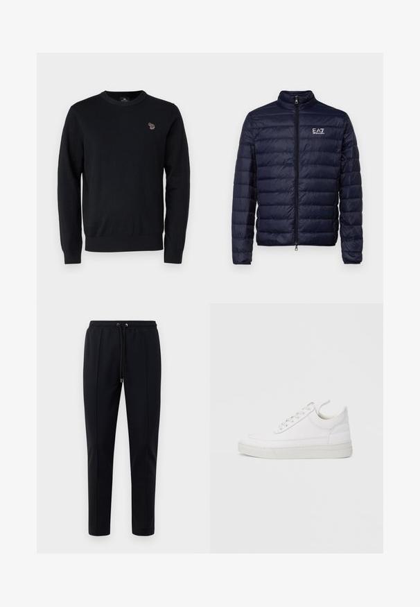 Marineblauwe pufferjack met ritssluiting, voorzien van een gequiltde textuur en een staande kraag. Logo weergegeven op de linkerkant van de borst.; PS Paul Smith CREW NECK - Trui - black; Zwarte joggingsbroek van zacht, rekbaar materiaal. Beschikt over een elastische tailleband met trekkoord en taps toelopende pijpen. Geen zichtbare patronen.; Witte leren sneaker met een afgeronde neus, platte zool en veters aan de voorkant. Voorzien van stikseldetails en een gevoerde kraag voor comfort.