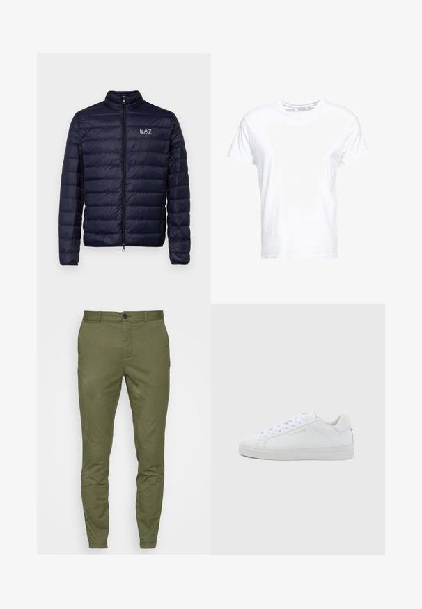 Veste matelassée marine avec fermeture éclair, présentant une texture matelassée et un col montant. Logo affiché sur le côté gauche de la poitrine.; T-shirt en coton blanc avec un col rond et des manches courtes, au fit classique et à la texture lisse. Aucun motif ni accessoire visible.; Chinos vert olive à coupe slim, avec une fermeture à bouton sur le devant, des passants de ceinture et une texture de tissu lisse et de poids moyen.; Baskets basses en cuir blanc avec bout rond, lacets plats, semelle texturée et logo discret doré sur le côté. Surface lisse et design minimaliste.
