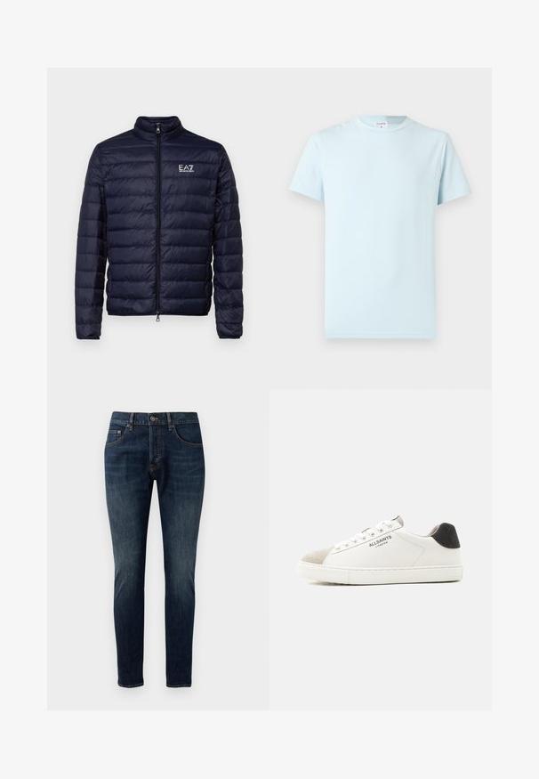Veste matelassée marine avec fermeture éclair, présentant une texture matelassée et un col montant. Logo affiché sur le côté gauche de la poitrine.; T-shirt bleu clair à manches courtes en coton doux. Il présente un col rond classique et un design minimaliste, sans motifs ni accents.; Jean skinny en denim bleu foncé avec une texture délavée, design à cinq poches, fermeture à bouton en métal et détails de surpiqûres contrastants.; Baskets basses blanches avec bout en daim beige, languette de talon noire, lacets blancs et logo "ALLSAINTS LONDON" sur le côté.