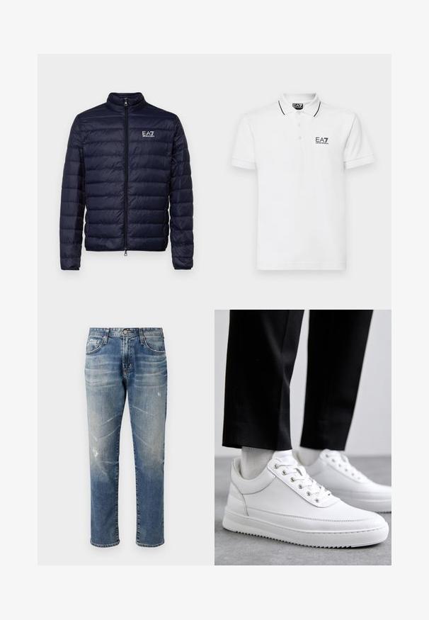Tumesinine puffer-jakk, millel on tõmbluku sulgemine, koos quiltitud tekstuuriga ja seisva kraega. Logo on nähtav vasakul rinnal.; Valge puuvillane polo särk kahe nööbiga, musta krae ja varrukate triipudega, millel on vasakul rinnal EA7 logo.; Heledad sinine teksapüksid otse lõikega, kulunud viimistlusega, peente kulumisdetailidega, viie taskuga ja vöökoha jaoks vööpaelaga.; Valged nahast tennisetossud, millel on lame kummist tallapool, sile viimistlus, ümar varvas ja metallist silmadega paelte jaoks. Kantud mustade pükstega.