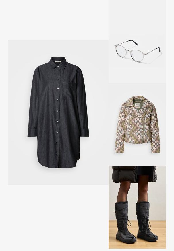 Scotch & Soda QUILTED BIKER JACKET - Overgangsjakke - multicolor; Mørk denim skjorte med knaplukning foran, spids krave, lange ærmer, enkelt brystlomme og buet nederste kant. Glat tekstur.; Knæhøje sorte pufferstøvler med fake fur kant, skinnende vandtæt overdel, tekstureret sål og justerbar snøre detaljer.; Metallic sølvbriller med runde linser og en tynd ramme. Sorte tempelspidser giver kontrast. Justerbare næsepuder medfølger.