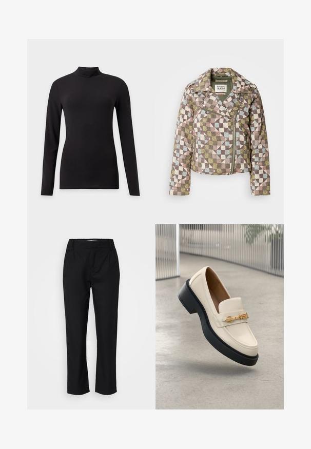 Scotch & Soda QUILTED BIKER JACKET - Overgangsjakke - multicolor; Sort tætsiddende top med lange ærmer og høj krave, vist på en ensfarvet lys grå baggrund.; Sorte bukser i et glat stof, med lige ben, frontfældninger og en elastisk talje for komfort. Ingen synlig hardware.; Loafer i cremefarve med sort sål og gulddetalje på spænde, placeret i en opadgående vinkel på en lysegrå betonbaggrund.